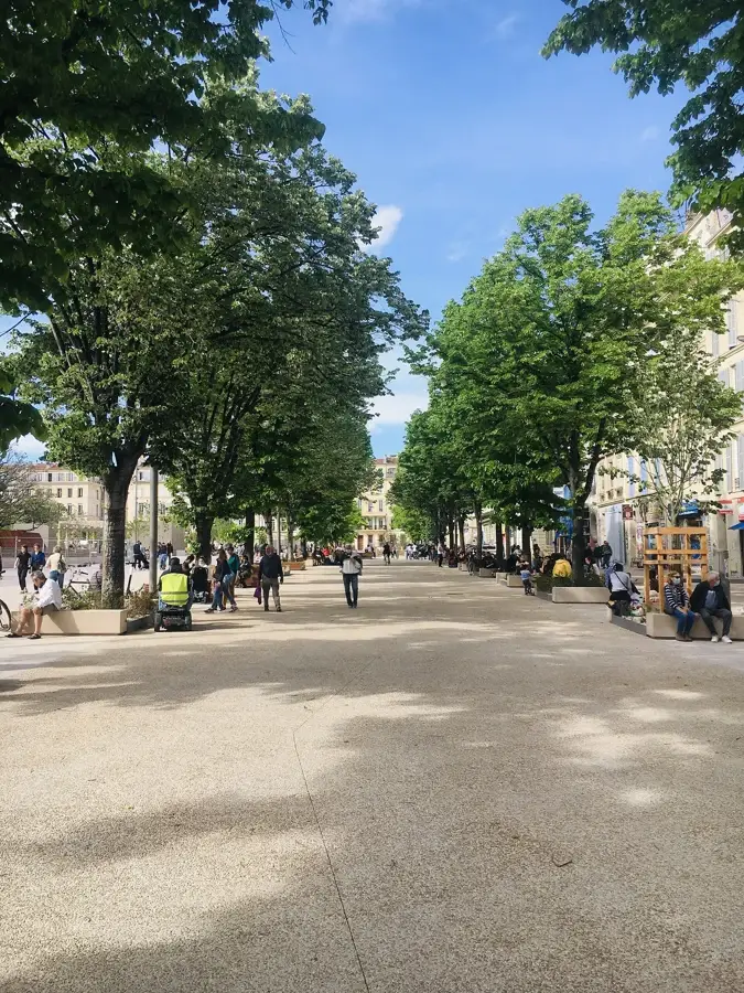 La place Jean-Jaurès rénovée à Marseille, avec ses allées d'arbres et son sol piéton