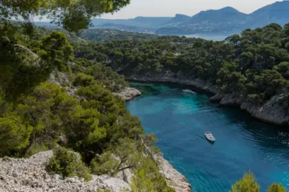 Une calanque aux eaux turquoise bordée de falaises et de pins près de Marseille